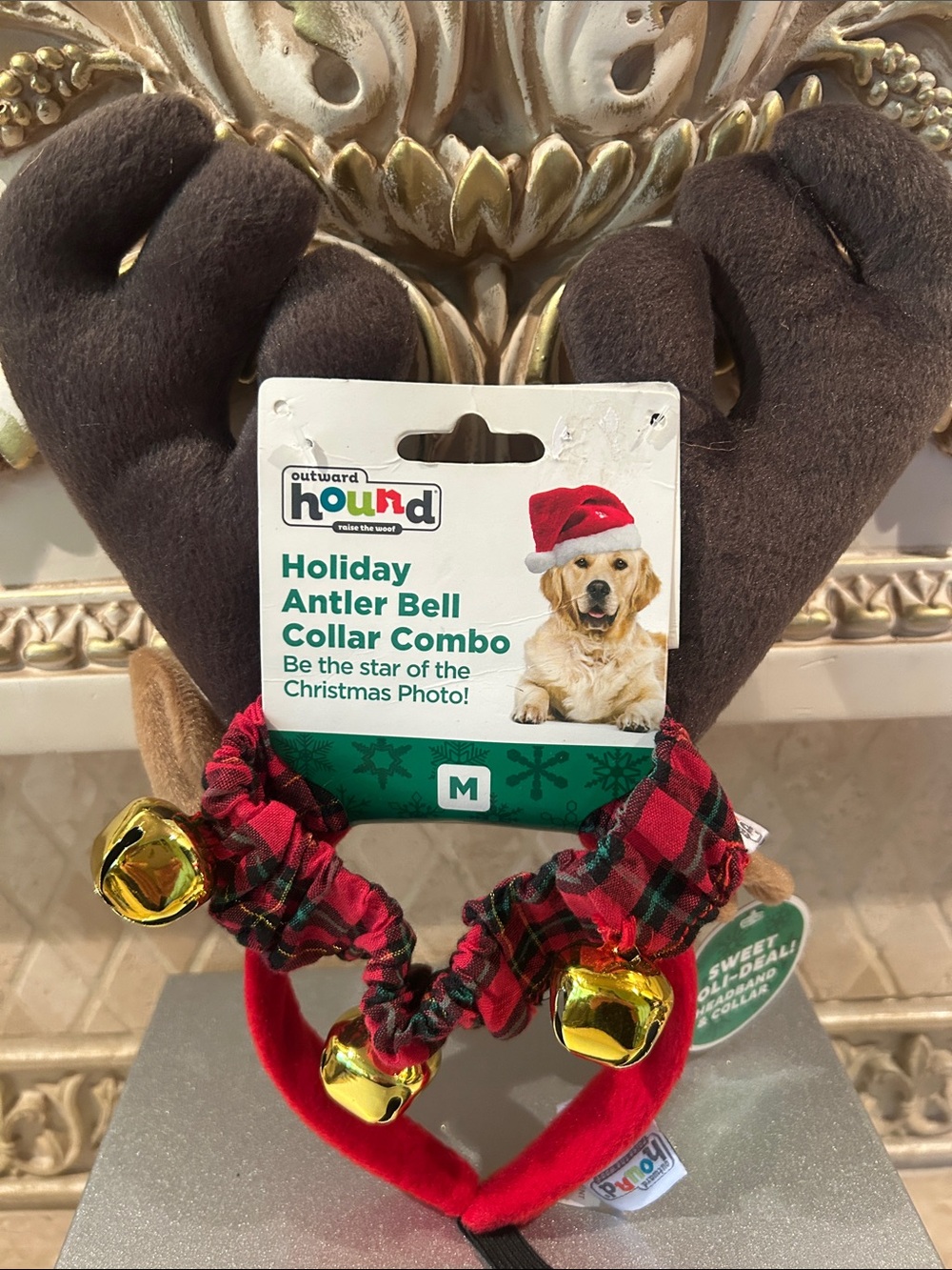 Outward Hound Holiday Dig Antler Bell Collar Combo - Red and Brown
